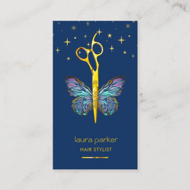 Tarjeta De Visita Blue Gold Butterfly Scissor Hair Stylist Salon (Anverso)