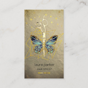 Tarjeta De Visita Blue Gold Butterfly Scissor Hair Stylist Salon