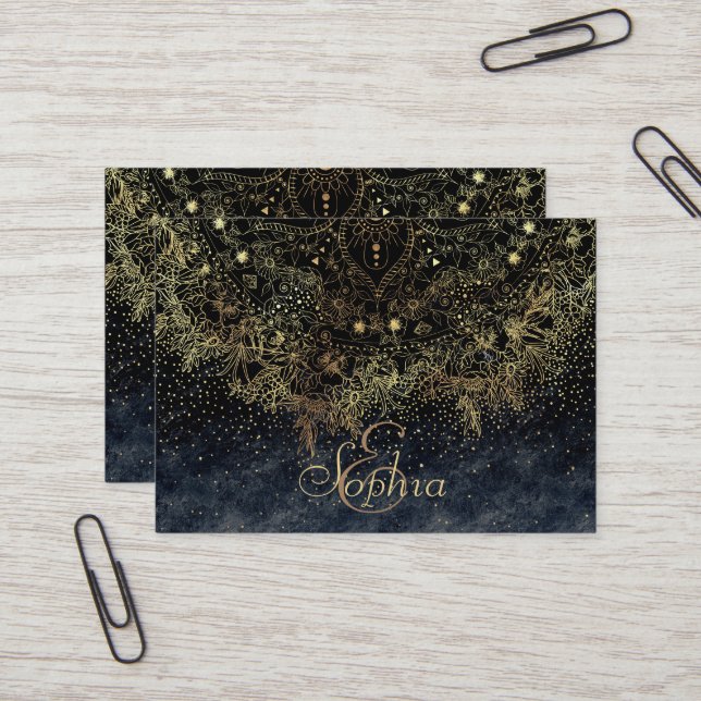 Tarjeta De Visita Blue Gold Mandala Floral (Anverso/Reverso In Situ)
