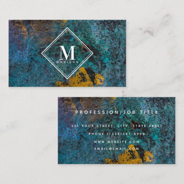Tarjeta De Visita Blue Gold Rust Metallic Texture Monogram Initial (Anverso / Reverso)