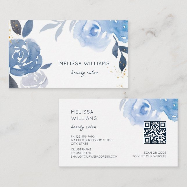 Tarjeta De Visita Blue Gold Watercolor Flowers (Anverso / Reverso)