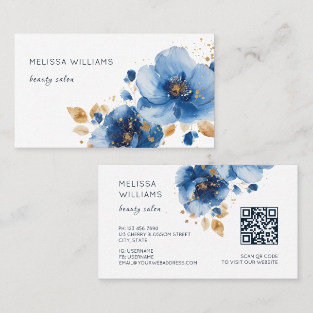 Tarjeta De Visita Blue Gold Watercolor Flowers (Anverso / Reverso)