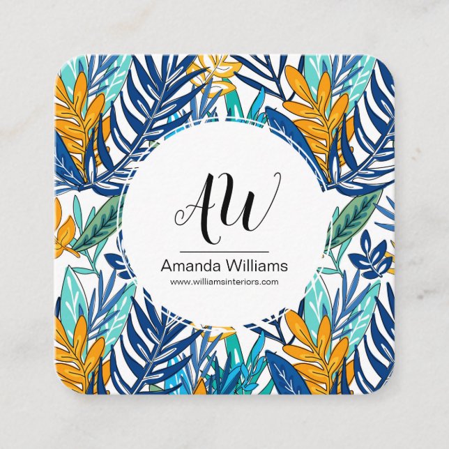 Tarjeta de visita Blue & Green Tropical Leaves (Anverso)