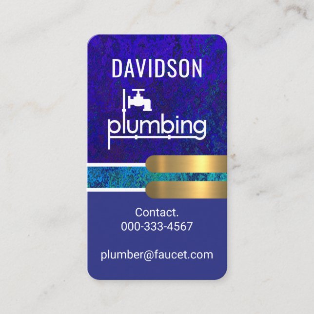 Tarjeta De Visita Blue Grunge Plumbing Gold Tabs (Anverso)