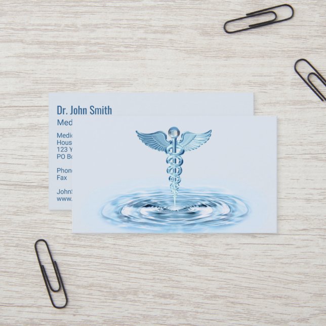 Tarjeta De Visita Blue Hermes Rod Caduceus Water Ripples Medical (Anverso/Reverso In Situ)