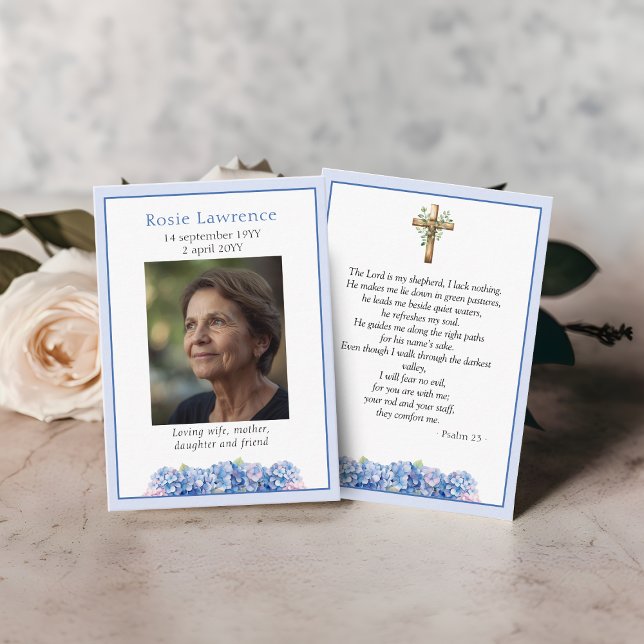 Tarjeta De Visita Blue Hydrangeas Flowers Memorial Psalm Prayer Card (Subido por el creador)