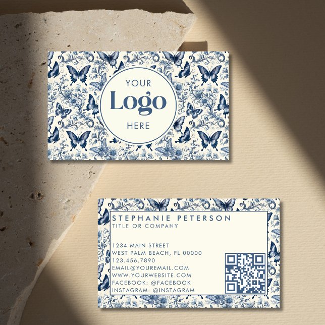 Tarjeta De Visita Blue Ivory Toile De Jouy Custom Logo QR Code (Subido por el creador)