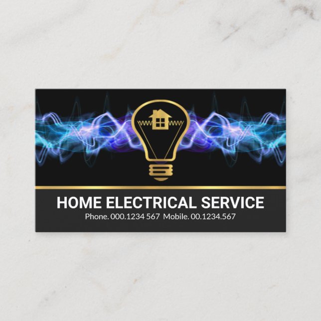 Tarjeta De Visita Blue Lightning Strike Gold Bulb Home Electrician (Anverso)