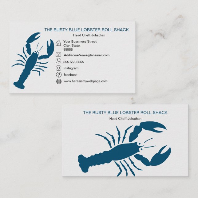 Tarjeta De Visita Blue Lobster Seafood Blanco Blanco Negro Simple Ná (Anverso / Reverso)