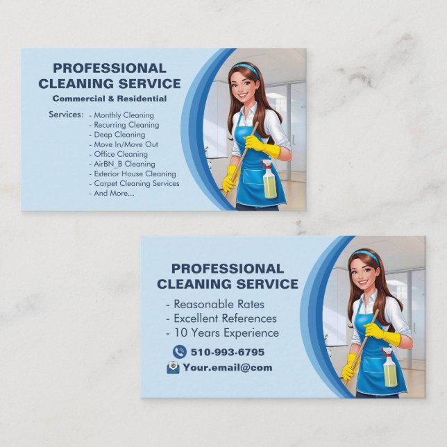 Tarjeta De Visita Blue Maid House Cleaning Services Janitorial Clean (Anverso / Reverso)