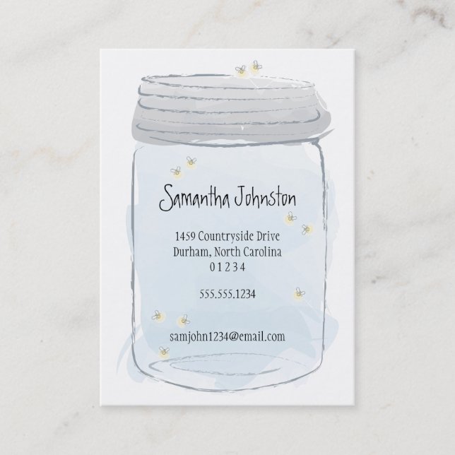 Tarjeta De Visita Blue Mason Jar y las luciérnagas salvan la fecha (Anverso)