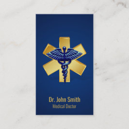 Tarjeta De Visita Blue Medical 3D Caduceus Gold Cross