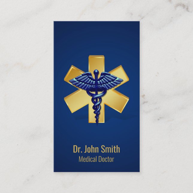 Tarjeta De Visita Blue Medical 3D Caduceus Gold Cross (Anverso)