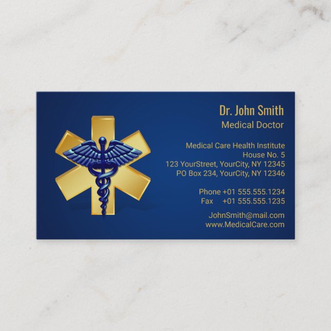 Tarjeta De Visita Blue Medical 3D Caduceus Gold Cross (Anverso)