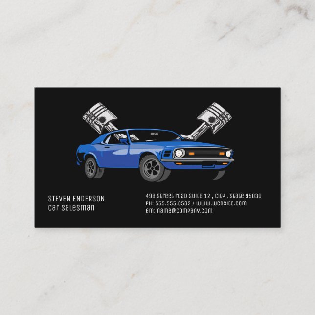 Tarjeta De Visita Blue Muscle Car | Pistones | Automático (Anverso)