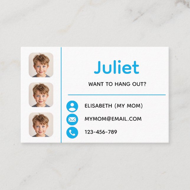 Tarjeta De Visita Blue Photo Kids Playdate Card (Anverso)