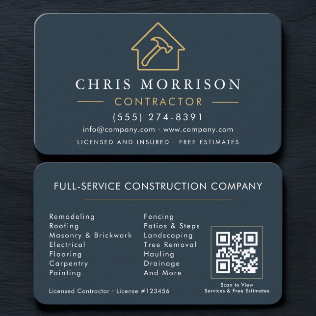 Tarjeta De Visita Blue Professional Contractor & Builder QR Code (Subido por el creador)