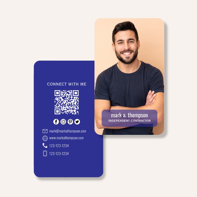 Tarjeta De Visita Blue QR Code Photo Connect Modern Minimal (Navy blue QR code business card with photo and clean modern layout)