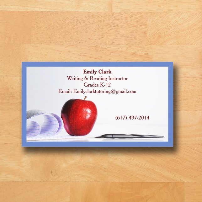 Tarjeta De Visita Blue QR Code School Teacher Red Apple   (Blue Business Card for Teacher )