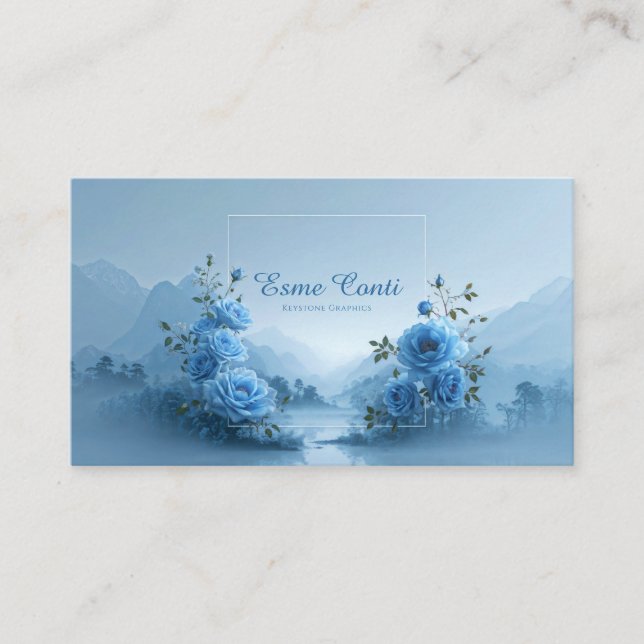 Tarjeta De Visita Blue Rose Floral and Misty Mountain Lake (Anverso)