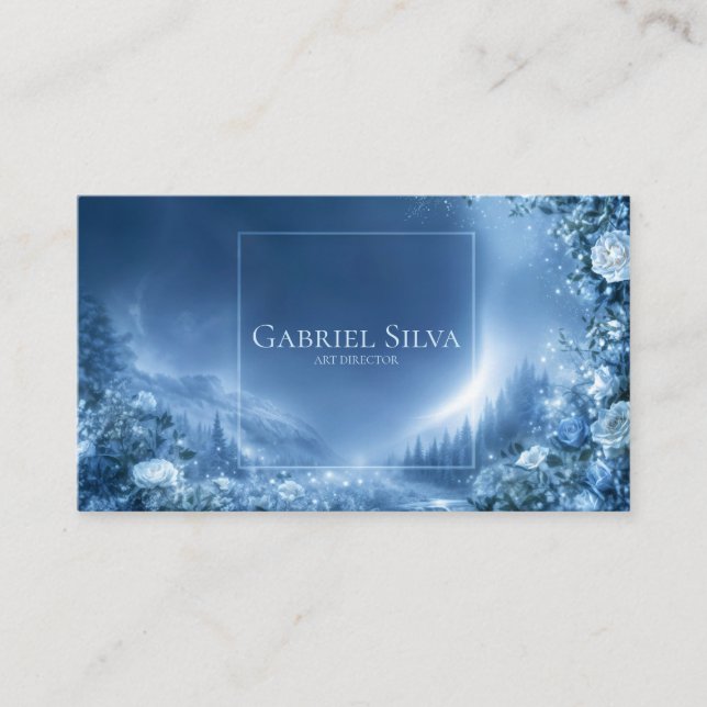 Tarjeta De Visita Blue Rose Floral and Snowy Mountain Night Frame (Anverso)