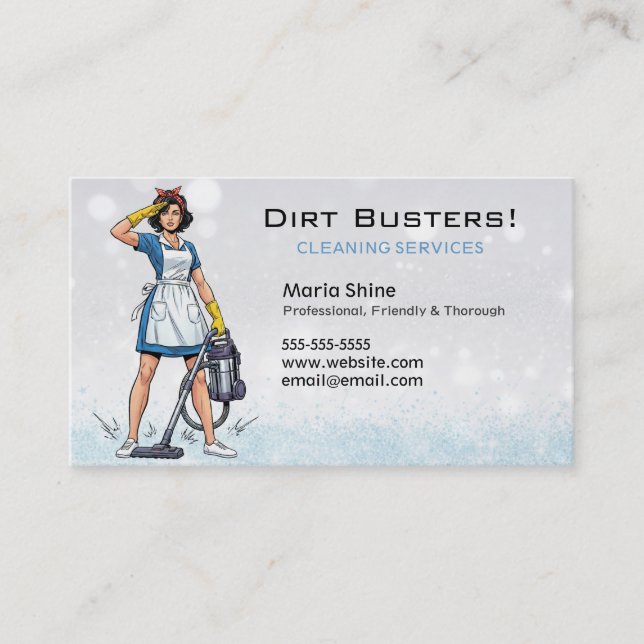 Tarjeta De Visita Blue Salut Dirt Busters Limpieza del servicio Lady (Anverso)