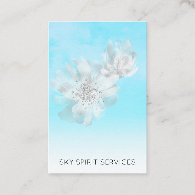 Tarjeta De Visita *~* Blue Sky QR Nubes Floral Purpurina Shimmer (Anverso)