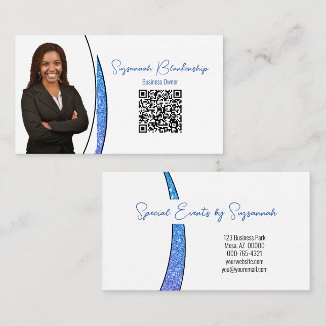 Tarjeta De Visita Blue Sliver of Faux Purpurina Photo QR Professiona (Anverso / Reverso)