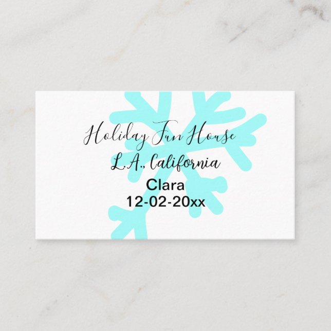 Tarjeta De Visita Blue snowflakes holiday camping house place date (Anverso)