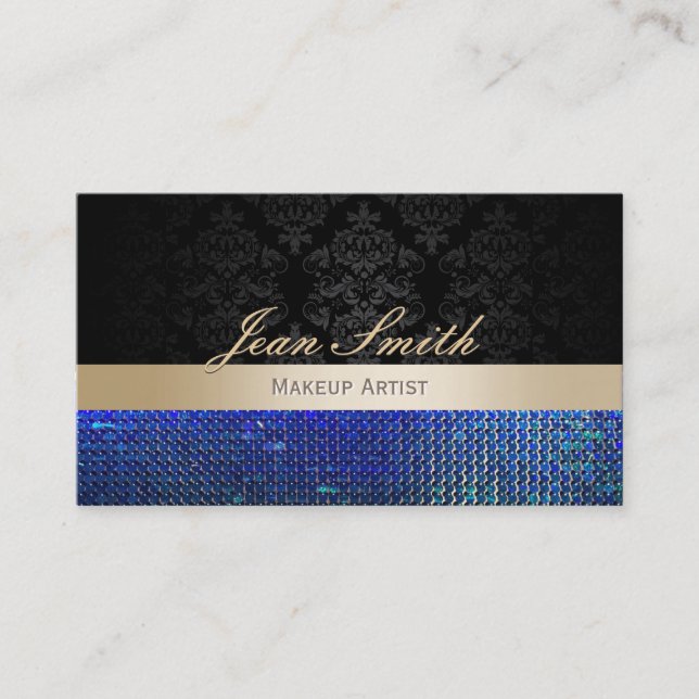 Tarjeta De Visita Blue Sparkles Damask Makeup Artists Business Cards (Anverso)