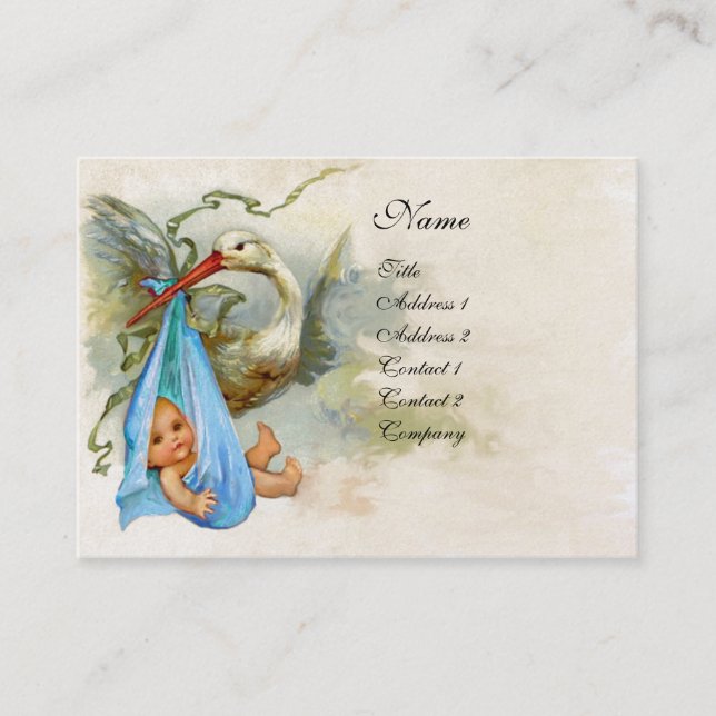 Tarjeta De Visita BLUE STORK BABY SHOWER White Pearl Shimmer (Anverso)