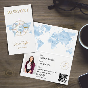 Tarjeta De Visita Blue Travel Agent Passport World Map Insertar foto