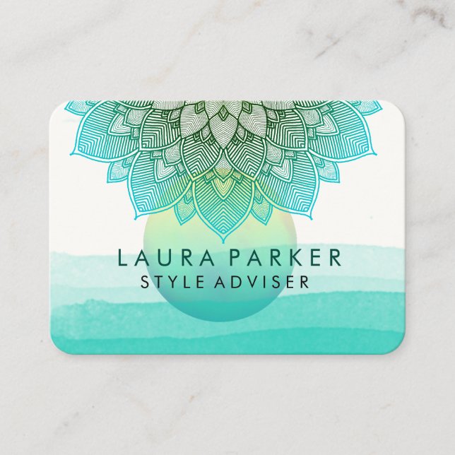 Tarjeta De Visita Blue Verde azulada Sunset Lotus Floral Mandala Yog (Anverso)