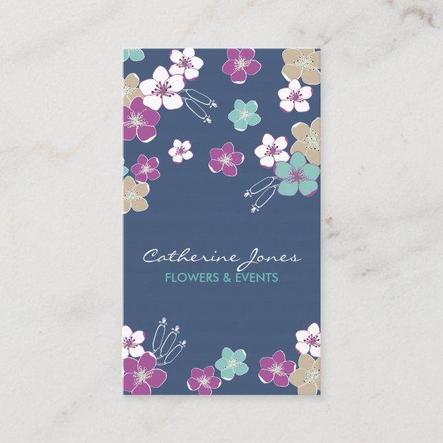 Tarjeta De Visita Blue violet hawaiian exotic flowers illustration (Anverso)