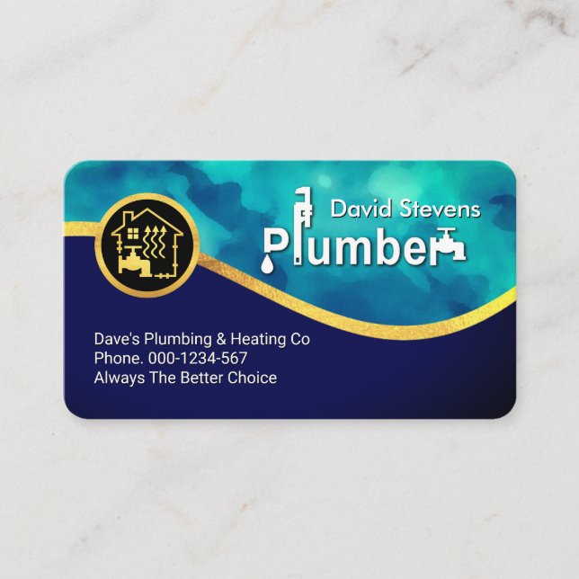 Tarjeta De Visita Blue Water Gold Wave Plumber Service (Anverso)