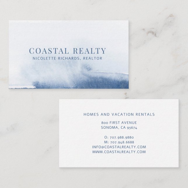 Tarjeta De Visita Blue Watercolor Coastal Realty Realtor (Anverso / Reverso)