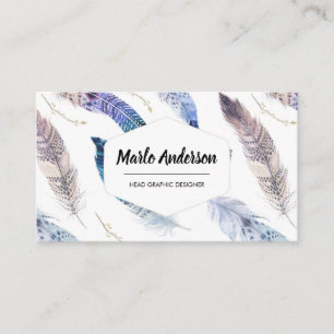 Tarjeta De Visita Blue Watercolor Feathers Modern Boho Business Card