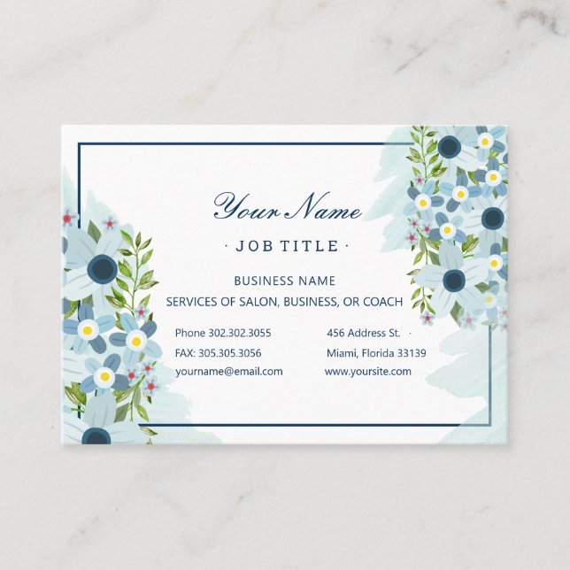 Tarjeta De Visita Blue Watercolor Floral Salon (Anverso)