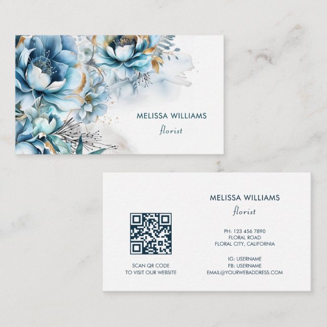 Tarjeta De Visita Blue Watercolor Roses (Anverso / Reverso)