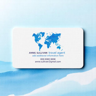 Tarjeta De Visita Blue Watercolor World Map Travel Agent