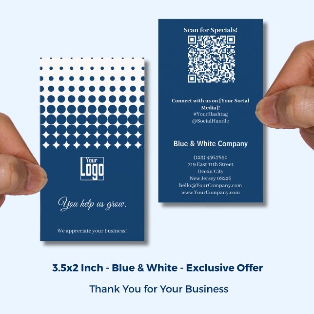 Tarjeta De Visita Blue White Thank You, QR Access to Special Offer (Blue White Thank You, QR Access to Special Offer Business Card; Size: 3.5x2 Inch)