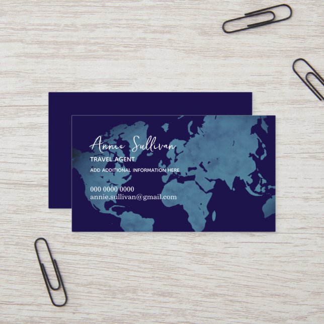 Tarjeta De Visita  Blue World Map Travel Agent (Anverso/Reverso In Situ)