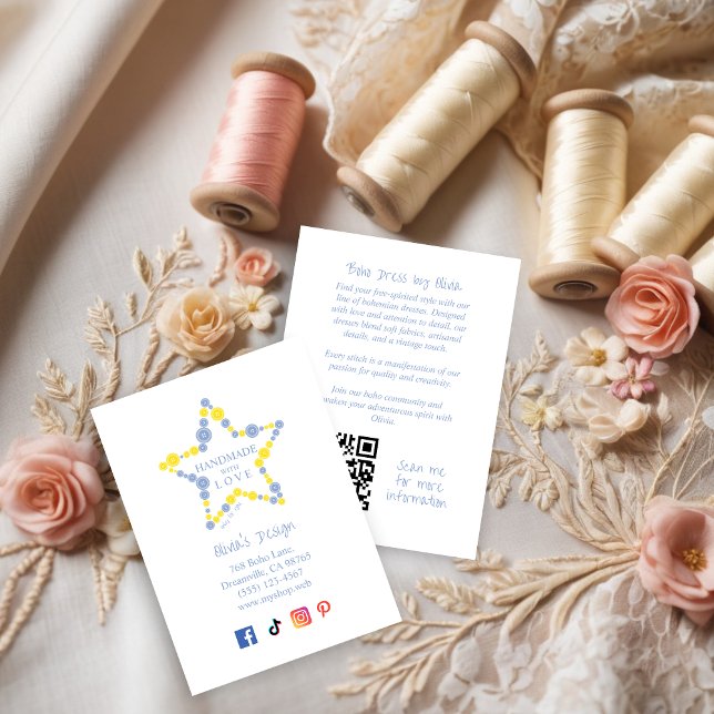 Tarjeta De Visita Blue & Yellow Original Buttons Star Handmade Love (Blue & Yellow Original Buttons Star Handmade with Love Quote Star Business Cards for Handymarkers.)