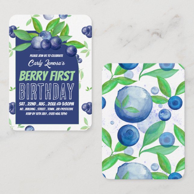 Tarjeta De Visita Blueberries, boletos para el primer cumpleaños de  (Anverso / Reverso)
