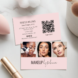 Tarjeta De Visita Blush Pink 3 Photo QR Code Modern Makeup