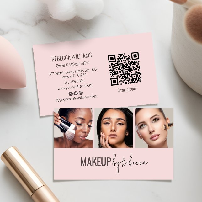Tarjeta De Visita Blush Pink 3 Photo QR Code Modern Makeup (An elegant and modern aesthetic for your makeup business, with fully customizable photos & QR code)