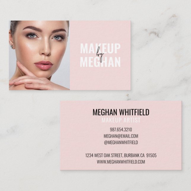 Tarjeta De Visita Blush Pink Black Modern Photo Makeup Business Card (Anverso / Reverso)