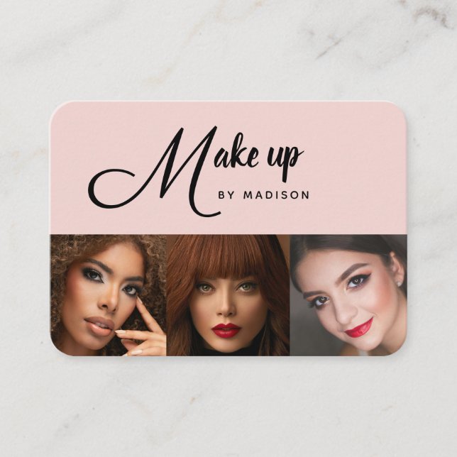 Tarjeta De Visita Blush Pink Black Script 3 Photo Makeup (Anverso)