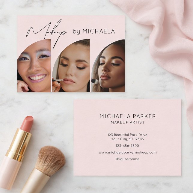 Tarjeta De Visita Blush Pink Black Script 3 Photo Makeup (Subido por el creador)