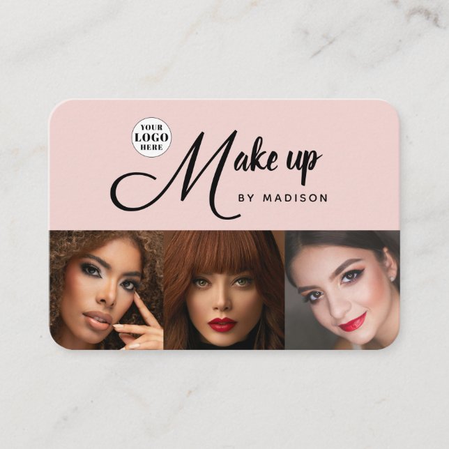 Tarjeta De Visita Blush Pink Black Script Logo 3 Photo Makeup (Anverso)